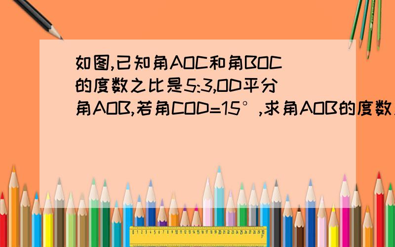 如图,已知角AOC和角BOC的度数之比是5:3,OD平分角AOB,若角COD=15°,求角AOB的度数用几何来要写出要用因为所以来回答