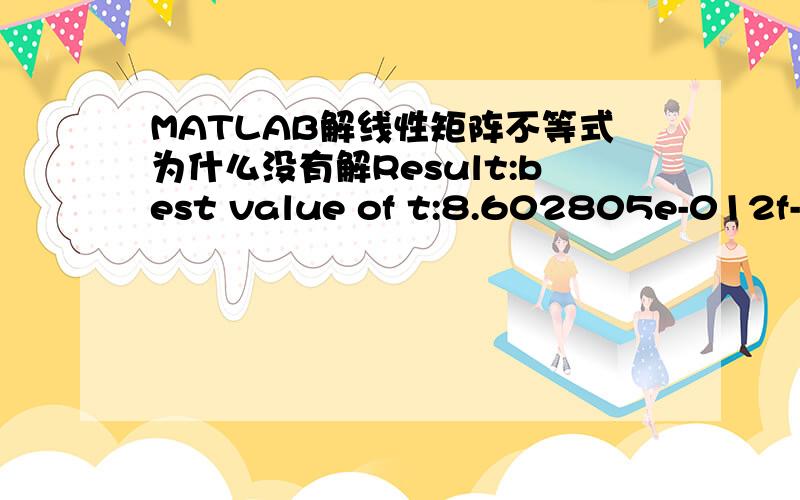 MATLAB解线性矩阵不等式为什么没有解Result:best value of t:8.602805e-012f-radius saturation:0.000% of R = 1.00e+009Marginal infeasibility:these LMI constraints may befeasible but are not strictly feasibletmin =8.6028e-012是不是不等