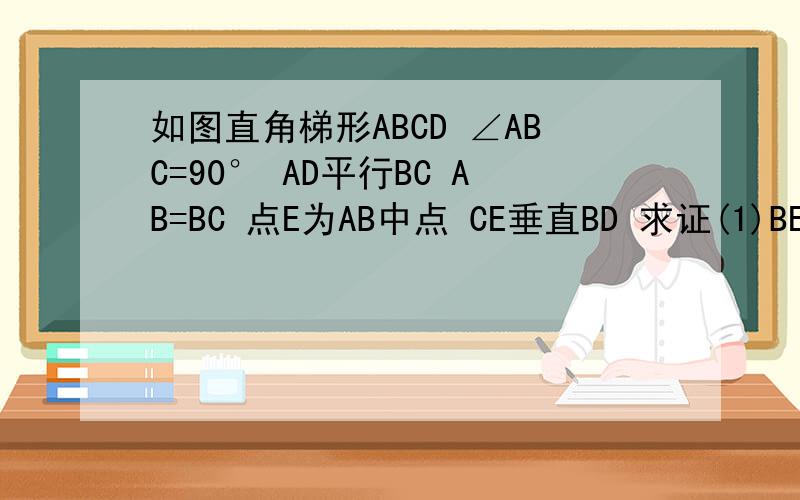 如图直角梯形ABCD ∠ABC=90° AD平行BC AB=BC 点E为AB中点 CE垂直BD 求证(1)BE=AD AC是DE的c垂直平分线还要求△DBC为等腰三角形   AC是DE的垂直平分线怎么求 我就这点不懂 不知道 △CEA和△CDA怎么全等