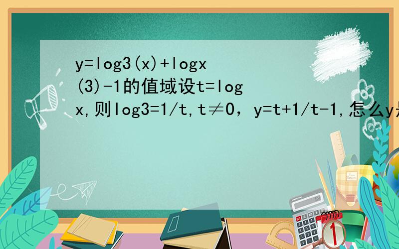 y=log3(x)+logx(3)-1的值域设t=logx,则log3=1/t,t≠0，y=t+1/t-1,怎么y是这样的