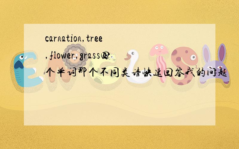 carnation,tree,flower,grass四个单词那个不同类请快速回答我的问题