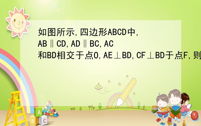 如图所示,四边形ABCD中,AB‖CD,AD‖BC,AC和BD相交于点O,AE⊥BD,CF⊥BD于点F,则图中全等的直角三角形的对数为（）.（写出证明过程）