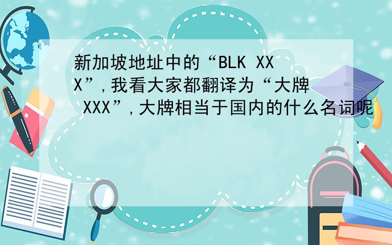 新加坡地址中的“BLK XXX”,我看大家都翻译为“大牌 XXX”,大牌相当于国内的什么名词呢