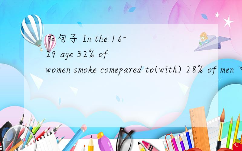 在句子 In the 16-29 age 32% of women smoke comepared to(with) 28% of men 中comepared to(with)做的什么句子成分 为什么?这句活的翻译是什么?是compared为什么是做状语？