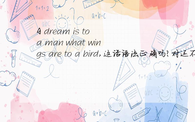A dream is to a man what wings are to a bird,这话语法正确吗?对还不对?A IS TO B WHAT C IS TO D是什么?