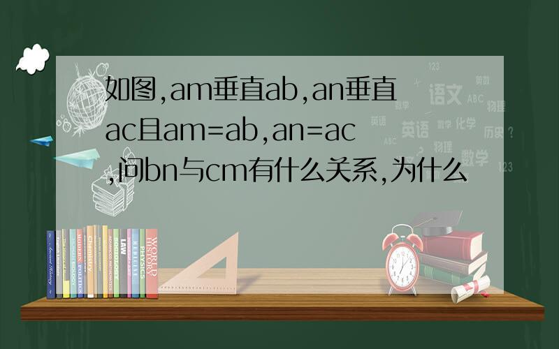 如图,am垂直ab,an垂直ac且am=ab,an=ac,问bn与cm有什么关系,为什么