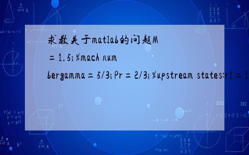 求教关于matlab的问题M=1.5;%mach numbergamma=5/3;Pr=2/3;%upstream states:r1=1.0;u1=1.0;mu1=0.0005;p1=1/gamma/M^2;T1=2*p1/r1;%downstream statesr2=(gamma+1)*M^2/(2+(gamma-1)*M^2)*r1;u2=((gamma-1)/(gamma+1)+2/(gamma+1)/M^2)*u1;p2=(2*gamma/(gamma+1