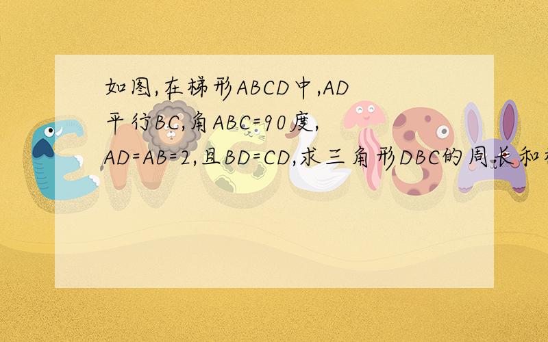 如图,在梯形ABCD中,AD平行BC,角ABC=90度,AD=AB=2,且BD=CD,求三角形DBC的周长和梯形ABCD的面积.