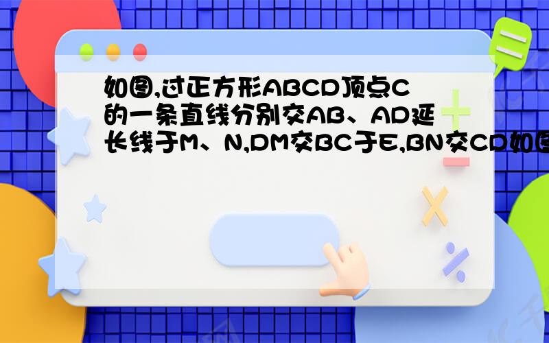 如图,过正方形ABCD顶点C的一条直线分别交AB、AD延长线于M、N,DM交BC于E,BN交CD如图,过正方形ABCD顶点C的一条直线分别交AB、AD延长线于M、N,DM交BC于E,BN交CD于F,DM与BN交于H,求证：AH⊥EF.