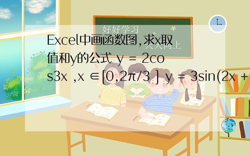 Excel中画函数图,求x取值和y的公式 y = 2cos3x ,x ∈[0,2π/3 ] y = 3sin(2x + ) ,x∈[-π/6 ,5π/6 ]y = 2cos3x ,x ∈[0,2π/3 ] y = 3sin(2x + ) ,x∈[-π/6 ,5π/6 ]急用