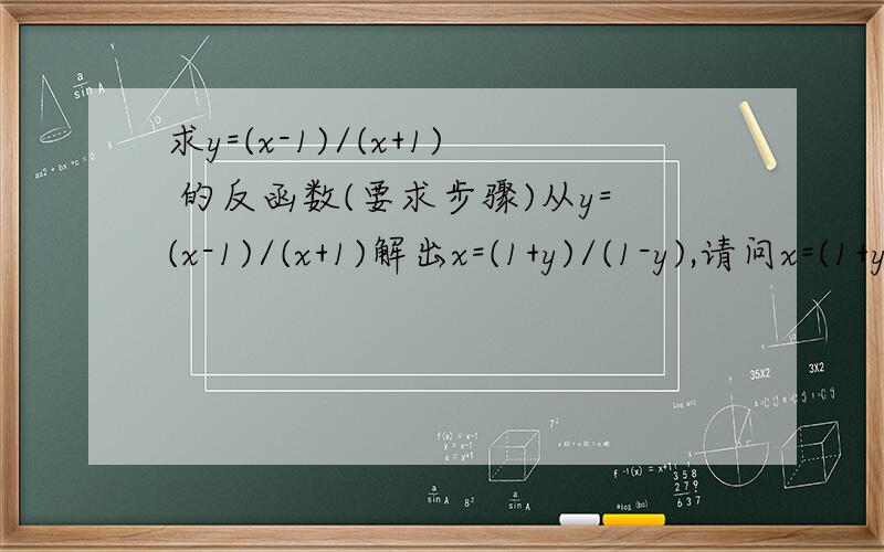 求y=(x-1)/(x+1) 的反函数(要求步骤)从y=(x-1)/(x+1)解出x=(1+y)/(1-y),请问x=(1+y)/(1-y)怎么解出来的帮忙写出步骤,