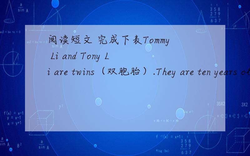 阅读短文 完成下表Tommy Li and Tony Li are twins（双胞胎）.They are ten years old.They live in Falt 6,4th Floor,152Main Street.Their phone number is 26629853.they go to the same school,Red Sun Primary School.Of course,they are in the clas