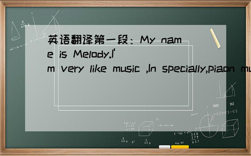 英语翻译第一段：My name is Melody.I'm very like music ,In specially,piaon music is my favorites.It alays give me a very quiet frame of mind .In addition.I also very like cartoon which is drawed very beautiful .The Detective Conan is my favort