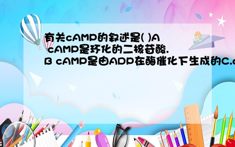 有关cAMP的叙述是( )A cAMP是环化的二核苷酸.B cAMP是由ADP在酶催化下生成的C.cAMP是激素作用的第二信使 DA cAMP是环化的二核苷酸.B cAMP是由ADP在酶催化下生成的C.cAMP是激素作用的第二信使 D cAMP是2