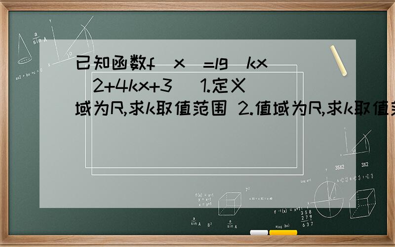 已知函数f(x)=lg(kx^2+4kx+3) 1.定义域为R,求k取值范围 2.值域为R,求k取值范围