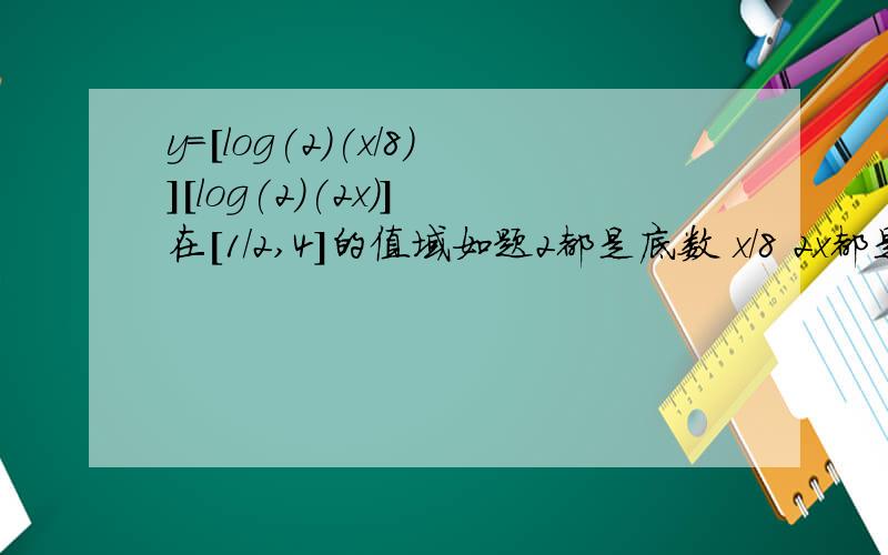 y=[log(2)(x/8)][log(2)(2x)] 在[1/2,4]的值域如题2都是底数 x/8 2x都是真数