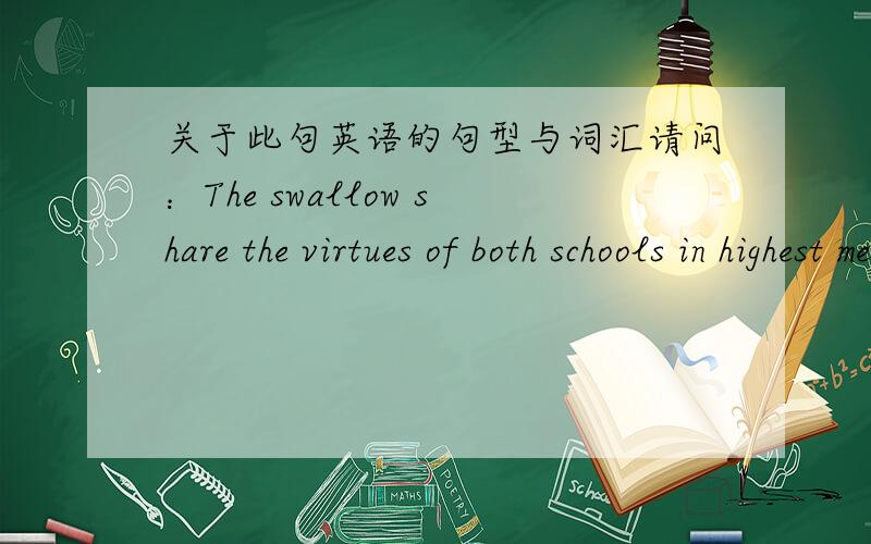 关于此句英语的句型与词汇请问：The swallow share the virtues of both schools in highest measure.It tires not ,nor does it boast of its power .译文：燕子充分具有两类鸟的长处,它既不疲劳,也不炫耀自已的飞翔力.