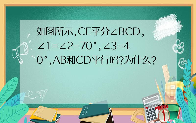 如图所示,CE平分∠BCD,∠1=∠2=70°,∠3=40°,AB和CD平行吗?为什么?