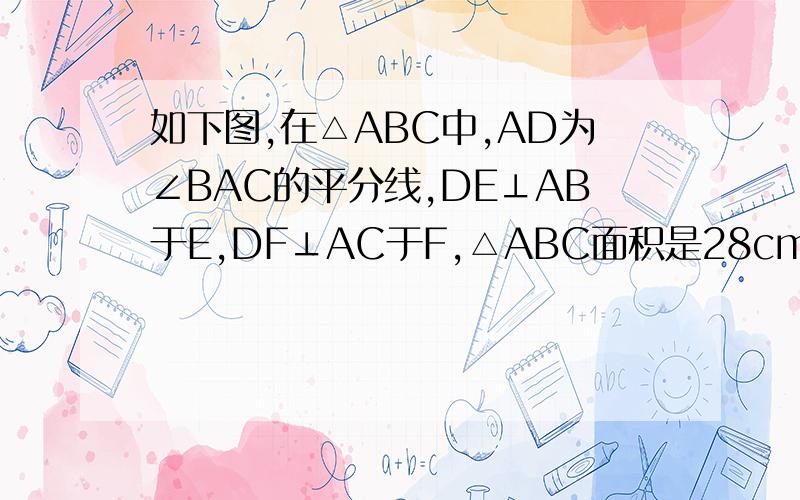 如下图,在△ABC中,AD为∠BAC的平分线,DE⊥AB于E,DF⊥AC于F,△ABC面积是28cm²,AB=20cm,AC=8cm.求DE的长.