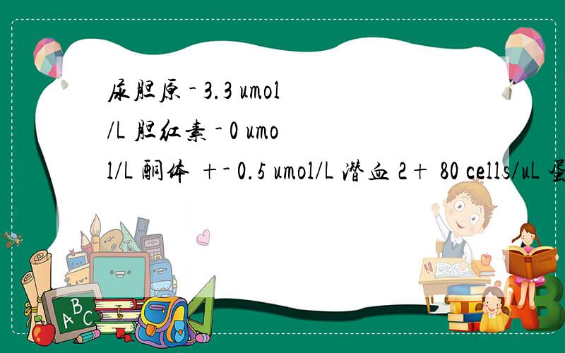 尿胆原 - 3.3 umol/L 胆红素 - 0 umol/L 酮体 +- 0.5 umol/L 潜血 2+ 80 cells/uL 蛋白质 +- 0.1 g/L 亚硝