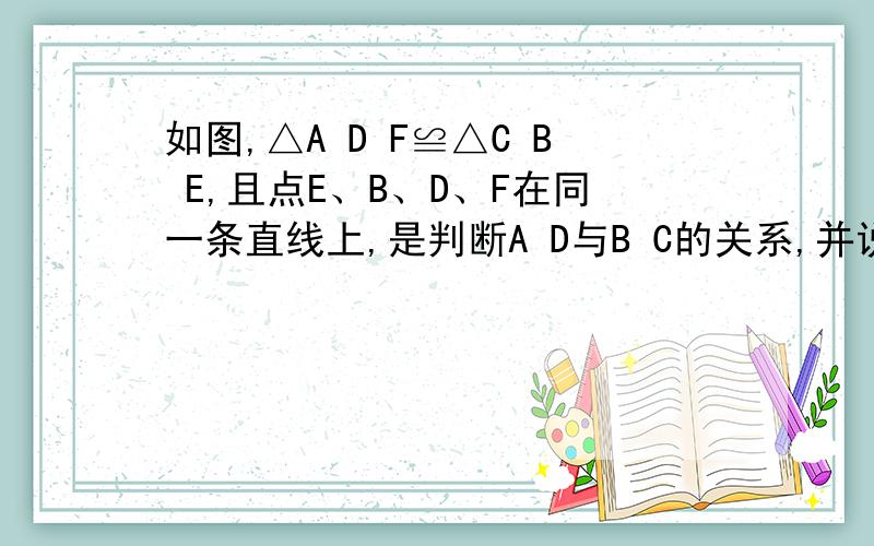 如图,△A D F≌△C B E,且点E、B、D、F在同一条直线上,是判断A D与B C的关系,并说明理由.
