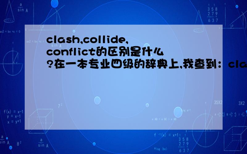 clash,collide,conflict的区别是什么?在一本专业四级的辞典上,我查到：clash也指不同的观念间短暂却尖锐的冲突,不和与对立.collide强调猛烈相撞,也可引申强烈的对立和抵触.conflict主要指不和,冲突