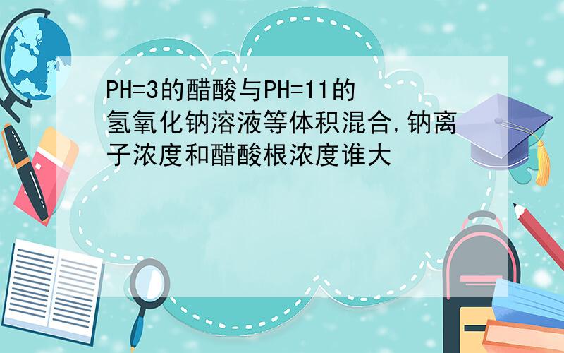 PH=3的醋酸与PH=11的氢氧化钠溶液等体积混合,钠离子浓度和醋酸根浓度谁大