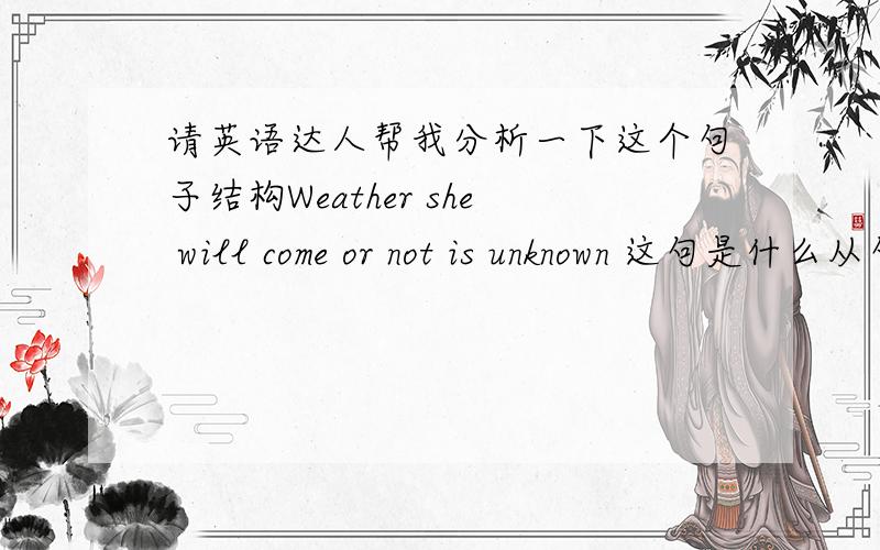 请英语达人帮我分析一下这个句子结构Weather she will come or not is unknown 这句是什么从句?是怎样分析出来的呢?