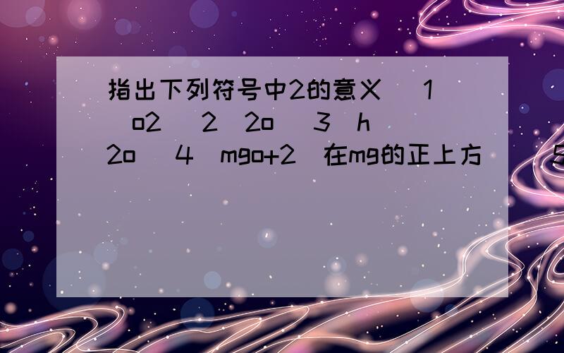 指出下列符号中2的意义 (1)o2 (2)2o (3)h2o （4）mgo+2（在mg的正上方） （5）fe2+