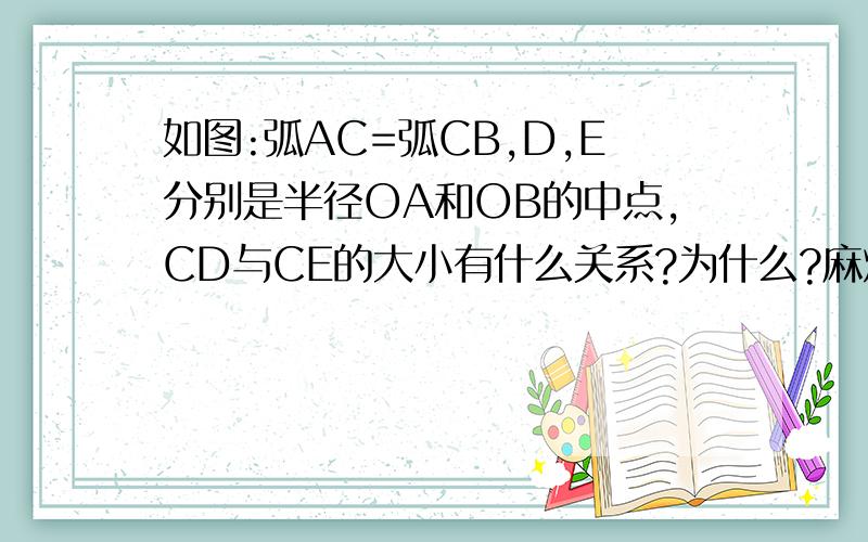 如图:弧AC=弧CB,D,E分别是半径OA和OB的中点,CD与CE的大小有什么关系?为什么?麻烦解答下,