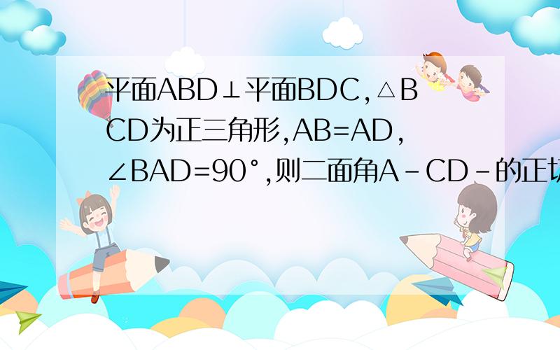 平面ABD⊥平面BDC,△BCD为正三角形,AB=AD,∠BAD=90°,则二面角A-CD-的正切值为
