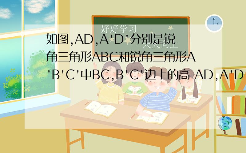 如图,AD,A'D'分别是锐角三角形ABC和锐角三角形A'B'C'中BC,B'C'边上的高 AD,A'D'分别是锐角三角形ABC和锐角三角形A'B'C'中BC,B'C'边上的高,且AC=A'C',AB=A'B',AD=A'D'