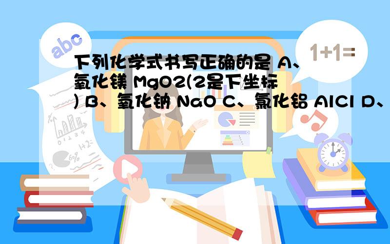 下列化学式书写正确的是 A、氧化镁 MgO2(2是下坐标) B、氧化钠 NaO C、氯化铝 AlCl D、氯化铁 FeCl3(同上)
