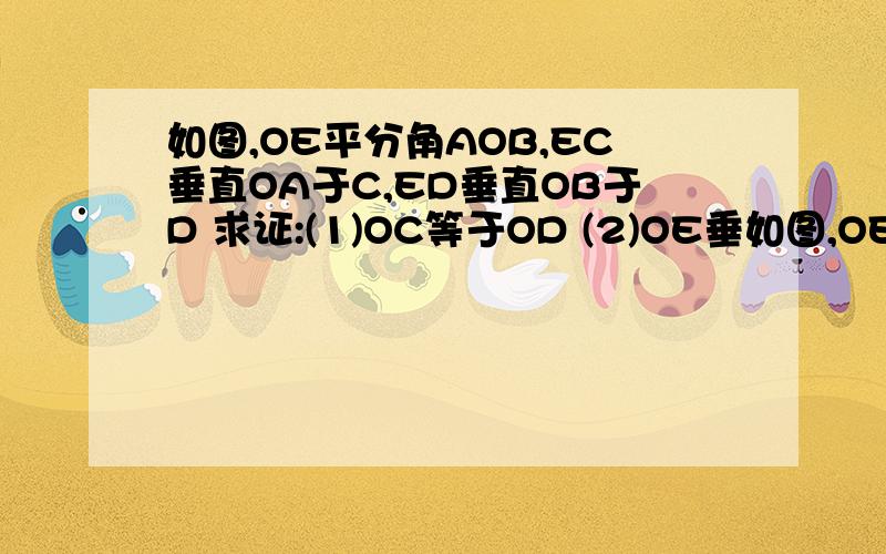 如图,OE平分角AOB,EC垂直OA于C,ED垂直OB于D 求证:(1)OC等于OD (2)OE垂如图,OE平分角AOB,EC垂直OA于C,ED垂直OB于D求证:(1)OC等于OD(2)OE垂直平分CD