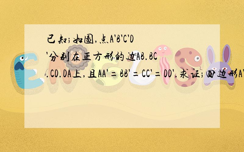 已知;如图,点A'B'C'D'分别在正方形的边AB.BC.CD.DA上,且AA'=BB'=CC'=DD'.求证;四边形A'B'C'D'是正方形.