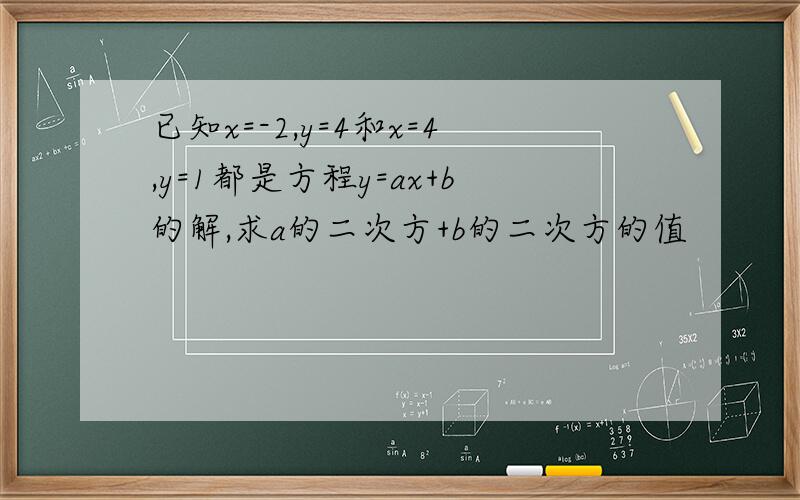 已知x=-2,y=4和x=4,y=1都是方程y=ax+b的解,求a的二次方+b的二次方的值