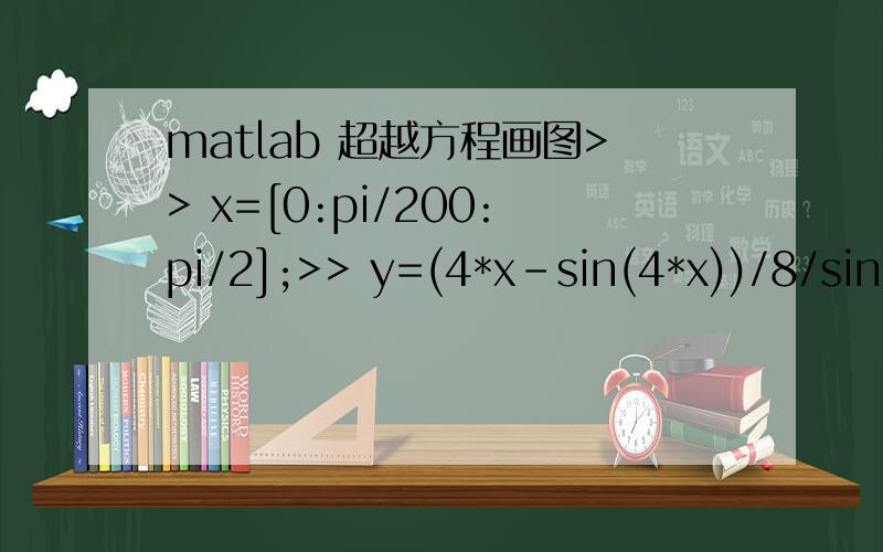 matlab 超越方程画图>> x=[0:pi/200:pi/2];>> y=(4*x-sin(4*x))/8/sin(x);>> plot(x,y)为什么是直线呢?应该有极值吧!