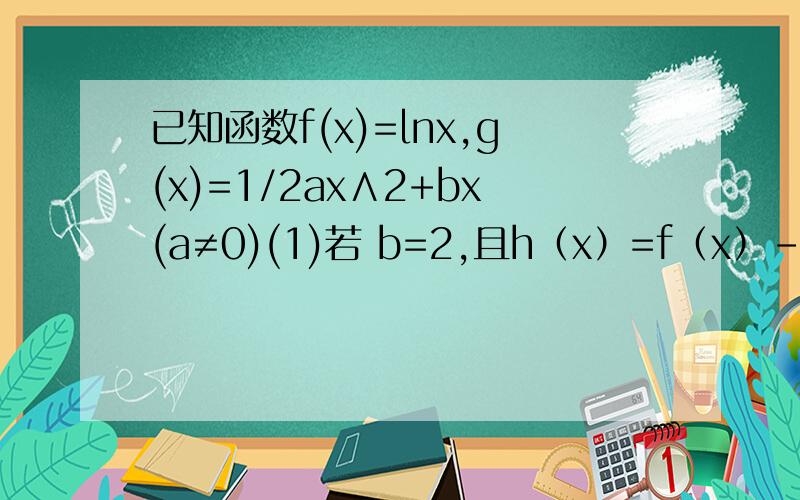 已知函数f(x)=lnx,g(x)=1/2ax∧2+bx(a≠0)(1)若 b=2,且h（x）=f（x）-g（x）在定义域上不单调,求a的取值范围；（2）若a=1,b=-2,设函数f（x）的图象C1与函数g（x）图象C2交于点P、Q,过线段PQ的中点作x轴的