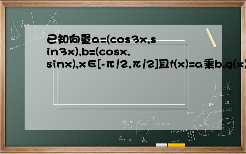 已知向量a=(cos3x,sin3x),b=(cosx,sinx),x∈[-π/2,π/2]且f(x)=a乘b,g(x)=a+b的绝对值1,求f（x）和g（x）的解析式2.求函数f（x）的单调增区间