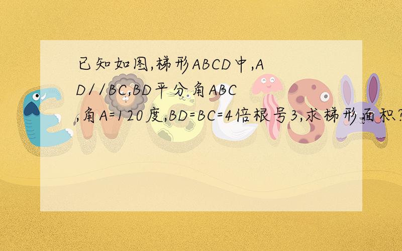 已知如图,梯形ABCD中,AD//BC,BD平分角ABC,角A=120度,BD=BC=4倍根号3,求梯形面积?