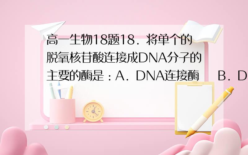 高一生物18题18．将单个的脱氧核苷酸连接成DNA分子的主要的酶是：A．DNA连接酶    B．DNA酶    C．DNA解旋酶      D、DNA聚合酶