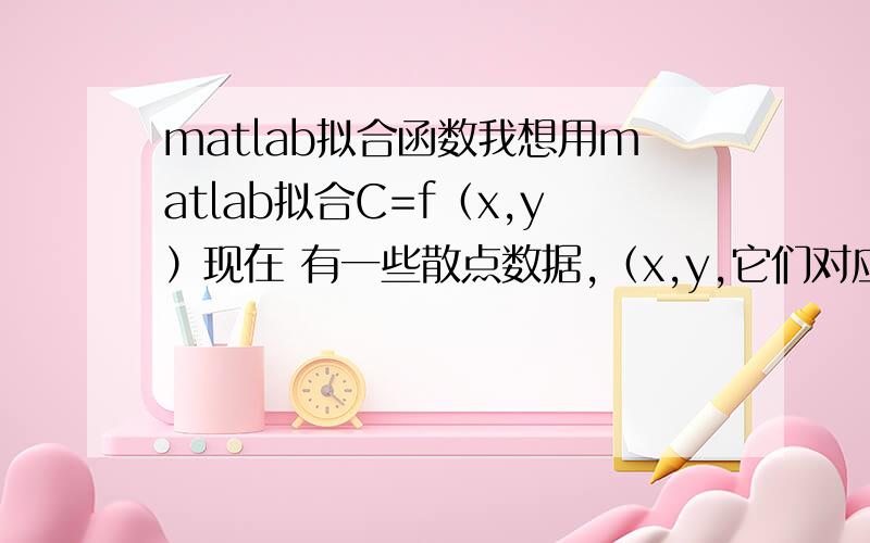 matlab拟合函数我想用matlab拟合C=f（x,y）现在 有一些散点数据,（x,y,它们对应的c）,能做吗?求高手帮忙!急
