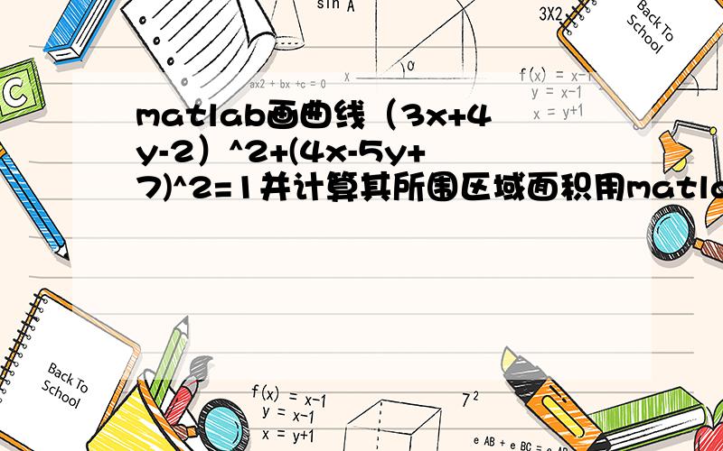 matlab画曲线（3x+4y-2）^2+(4x-5y+7)^2=1并计算其所围区域面积用matlab计算,过程最好有讲解,