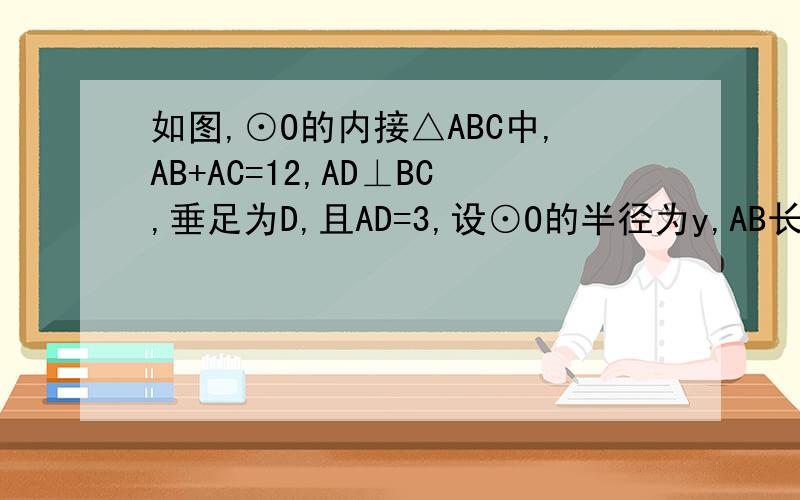 如图,⊙O的内接△ABC中,AB+AC=12,AD⊥BC,垂足为D,且AD=3,设⊙O的半径为y,AB长为x.（1）求y与x的函数解析式（2）当AB的长等于多少时,⊙O的面积最大,并求出⊙O的最大面积.图在这里：