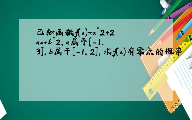 已知函数f(x)=x^2+2ax+b^2,a属于[-1,3],b属于[-1,2],求f(x)有零点的概率