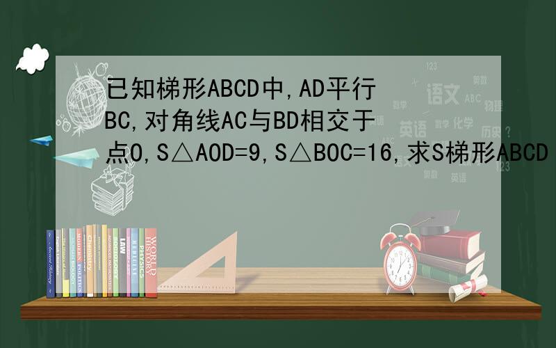 已知梯形ABCD中,AD平行BC,对角线AC与BD相交于点O,S△AOD=9,S△BOC=16,求S梯形ABCD