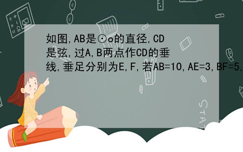 如图,AB是⊙o的直径,CD是弦,过A,B两点作CD的垂线,垂足分别为E,F,若AB=10,AE=3,BF=5,则EC=