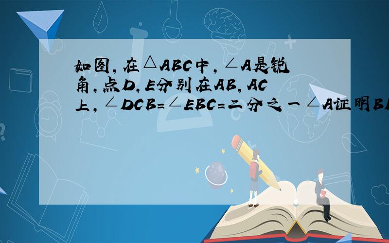 如图,在△ABC中,∠A是锐角,点D,E分别在AB,AC上,∠DCB=∠EBC=二分之一∠A证明BD=CE(要添加辅助线的方法）
