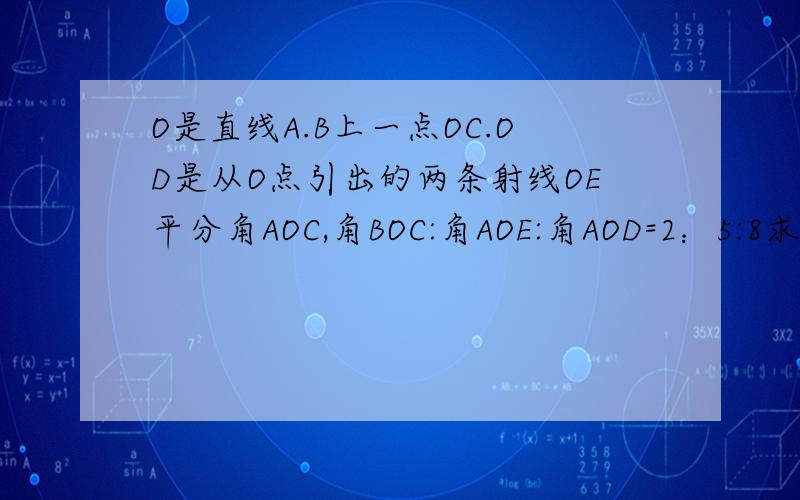 O是直线A.B上一点OC.OD是从O点引出的两条射线OE平分角AOC,角BOC:角AOE:角AOD=2：5:8求角BOD的度数