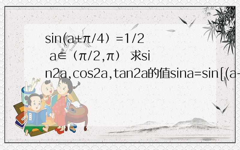 sin(a+π/4）=1/2 a∈（π/2,π） 求sin2a,cos2a,tan2a的值sina=sin[(a+π/4)-π/4]=sin(a+π/4)cosπ/4-cos(a+π/4)sinπ/4=1/2*√2/2-(-√3/2)*√2/2=(√2+√6)/4cosa=-√2/2sin2a=2sinacosa=2*(√2+√6)/4*(-√2/2)=-(1+√3)/2cos2a=0tan2a无意